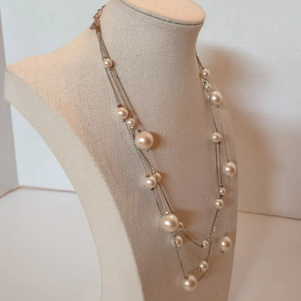 RMN Floating Faux Pearl Necklace Silver Tone Triple Strand Vintage-Inspired - Picture 2 of 6